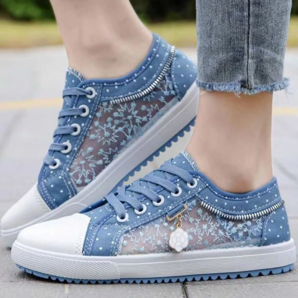 Sapatos casuais femininos vulcanizados malha de renda tenis feminino tênis florais rendas planas senhoras deslizamento em calçados femininos tamanho 36-43