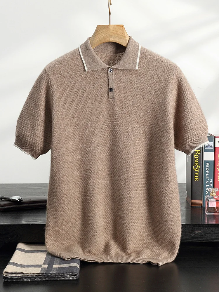 Men Polo Collar Pullover 100% Cashmere T-shirt Short Sleeve Spring Summer Smart Casual Sweater Honeycomb Jacquard Soft Knitwear