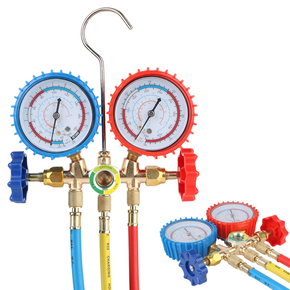 

Набор измерительных приборов для зарядки фреона, измеритель давления, двухметровый клапан хладагента, автомобильный кондиционер, инструменты, двойной измеритель фтора