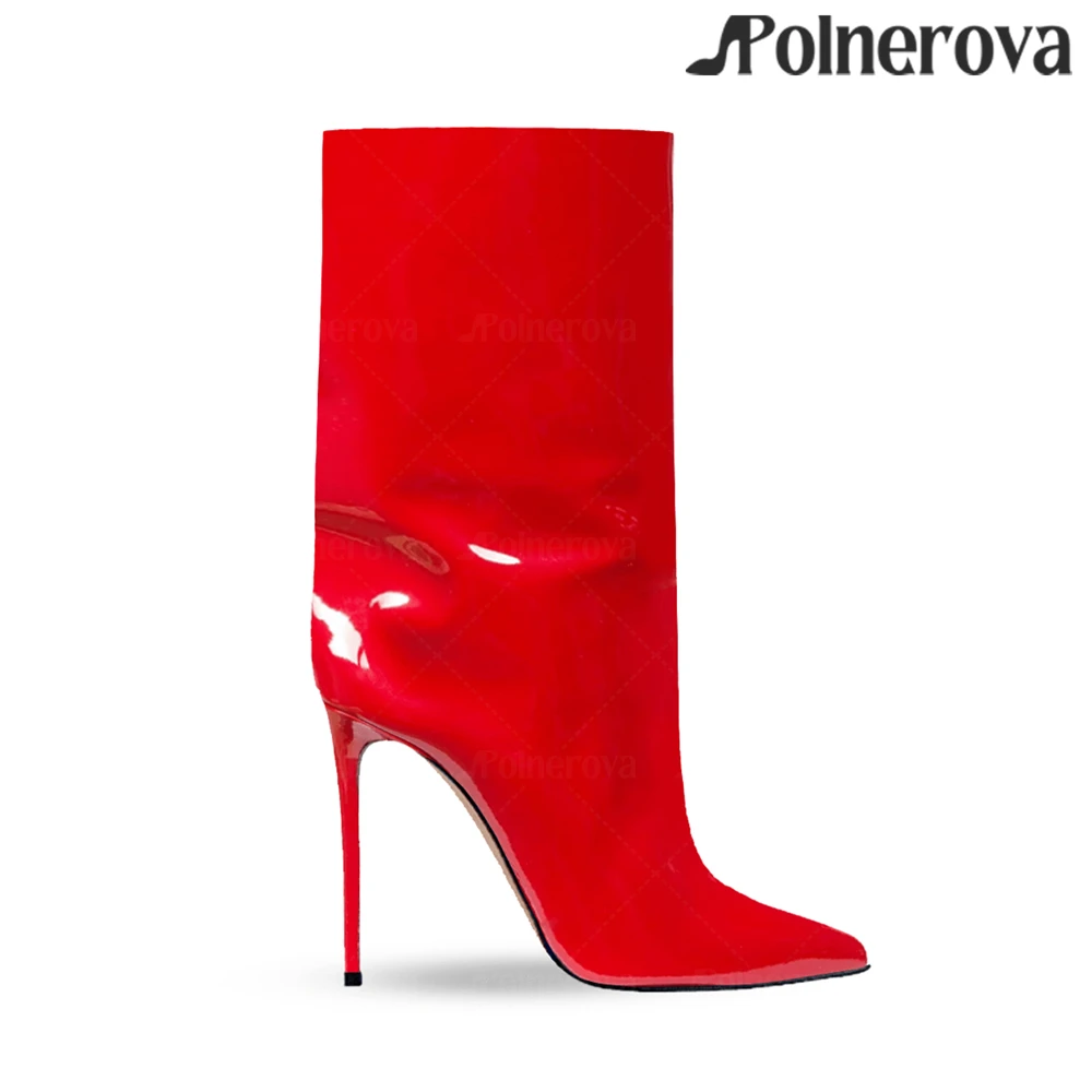 Botas hasta la pantorrilla de aguja de charol, botas tubulares de tacón alto y punta puntiaguda de estilo Sexy, botas hechas a mano de cuero coloridas a la moda para mujer