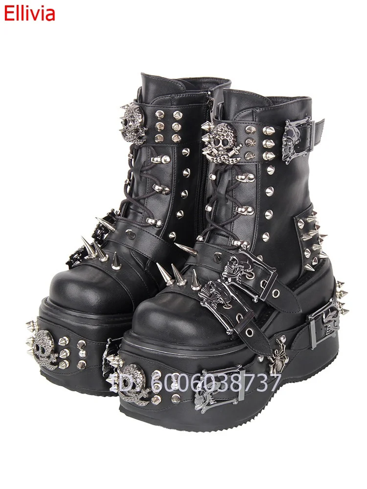 Women Black Platform Ankle Boots PU Leather Skull Rivet Spiked Buckle Lace Up Side Zipper Gothic Punk Cosplay Party Boots
