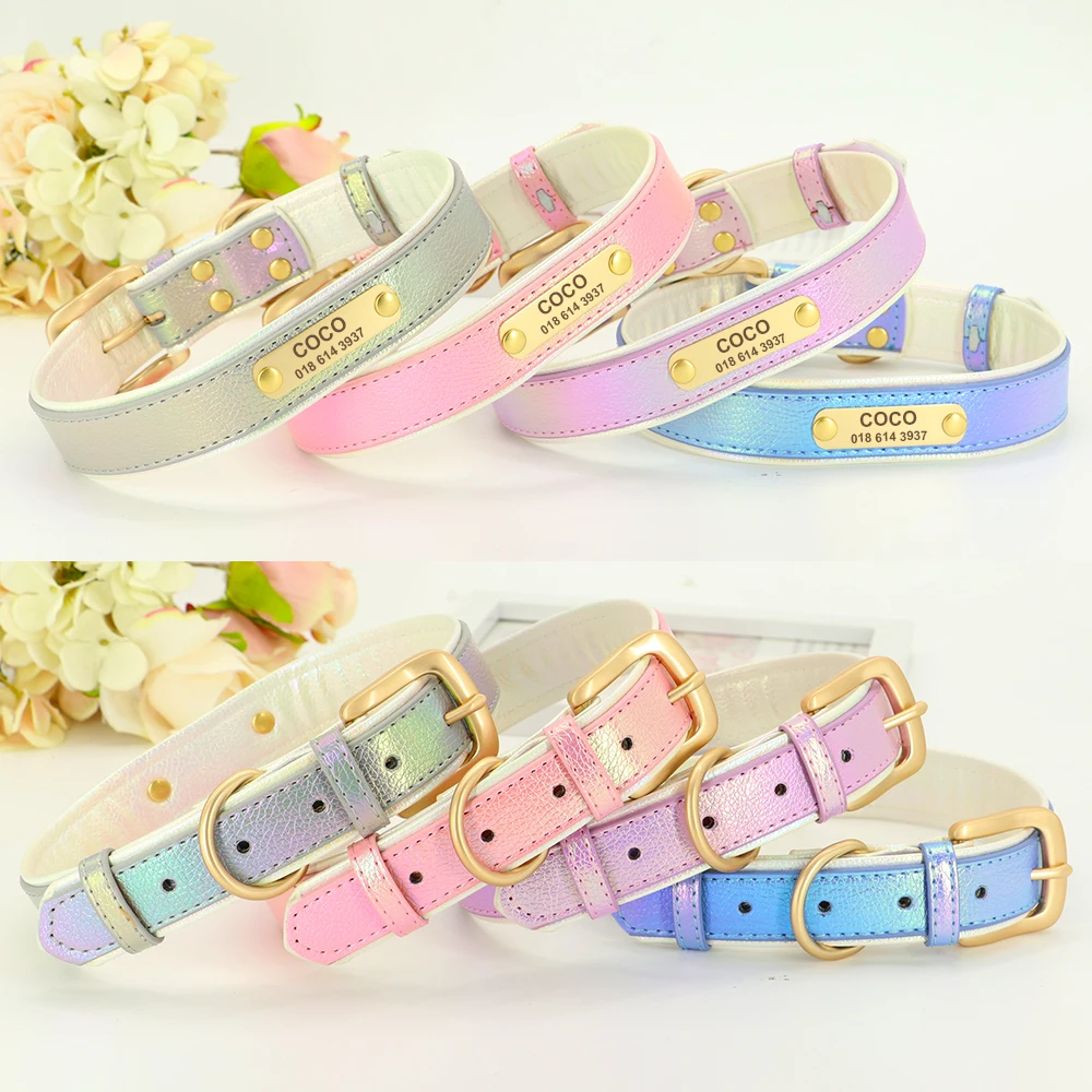 Personalized Dog Cat Collar PU Leather Puppy Cats ID Collars With Name Tag Nameplate Adjustable for Small Medium Dogs Pitbull