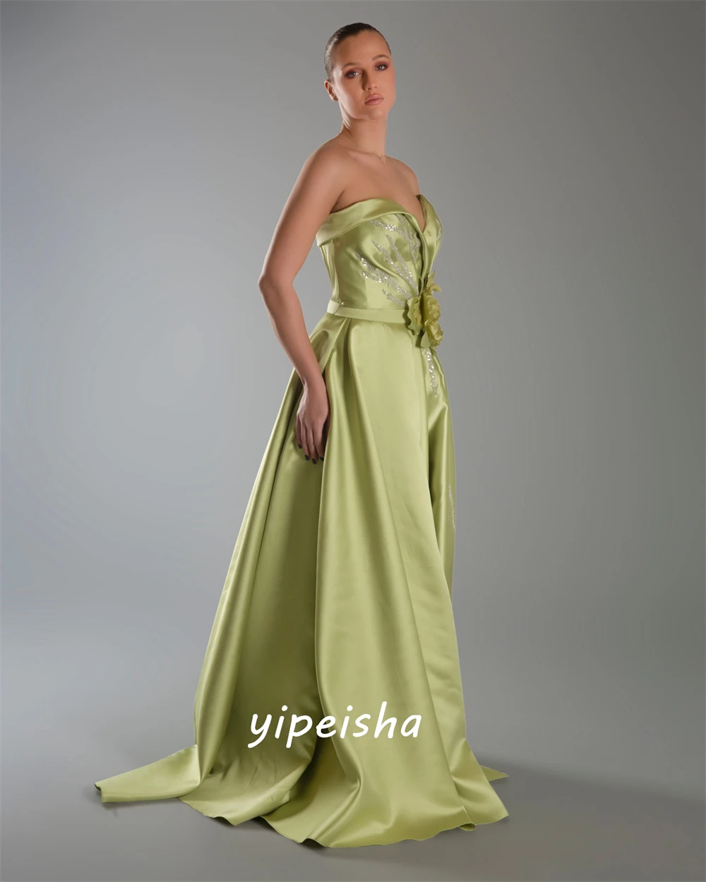 Customized Satin Handmade Flower Sequined Draped Formal Evening A-line Strapless Bespoke Occasion Gown Long Dresses