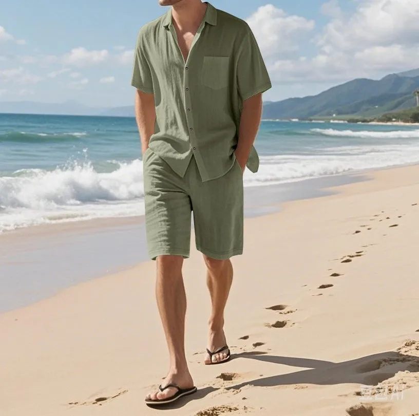

New summer men's plain-colored linen T-shirt with collar and buttons, casual and breathable short-sleeved shirt, men's beach set