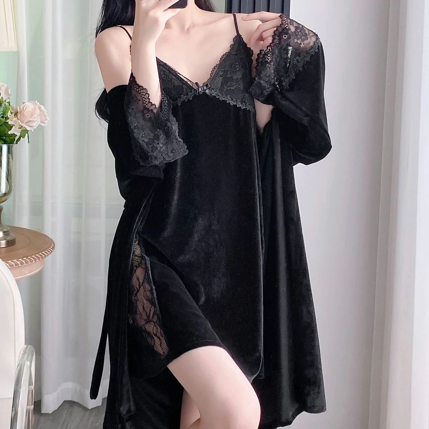 

Велюровый комплект из 2 предметов: халат и ночная сорочка с V-образным вырезом и кружевом, весенний кимоно-халат, домашняя одежда