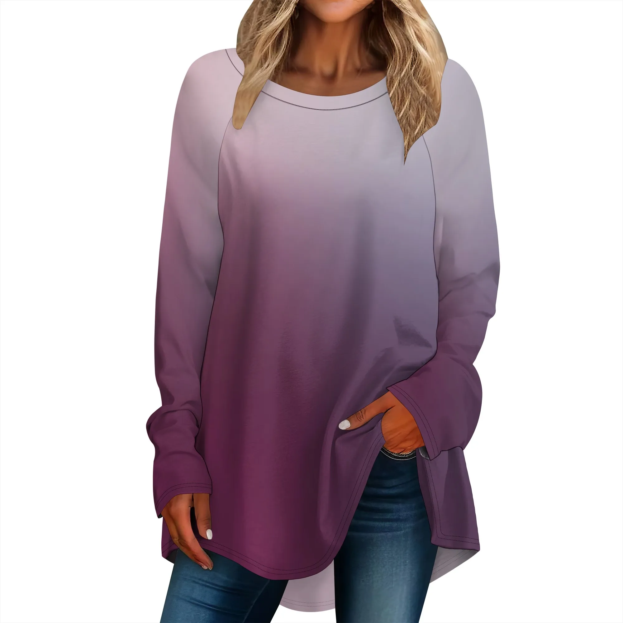 

Women's Color Block Tunic Tops Casual Long Sleeve Shirts Round Neck Pullover
