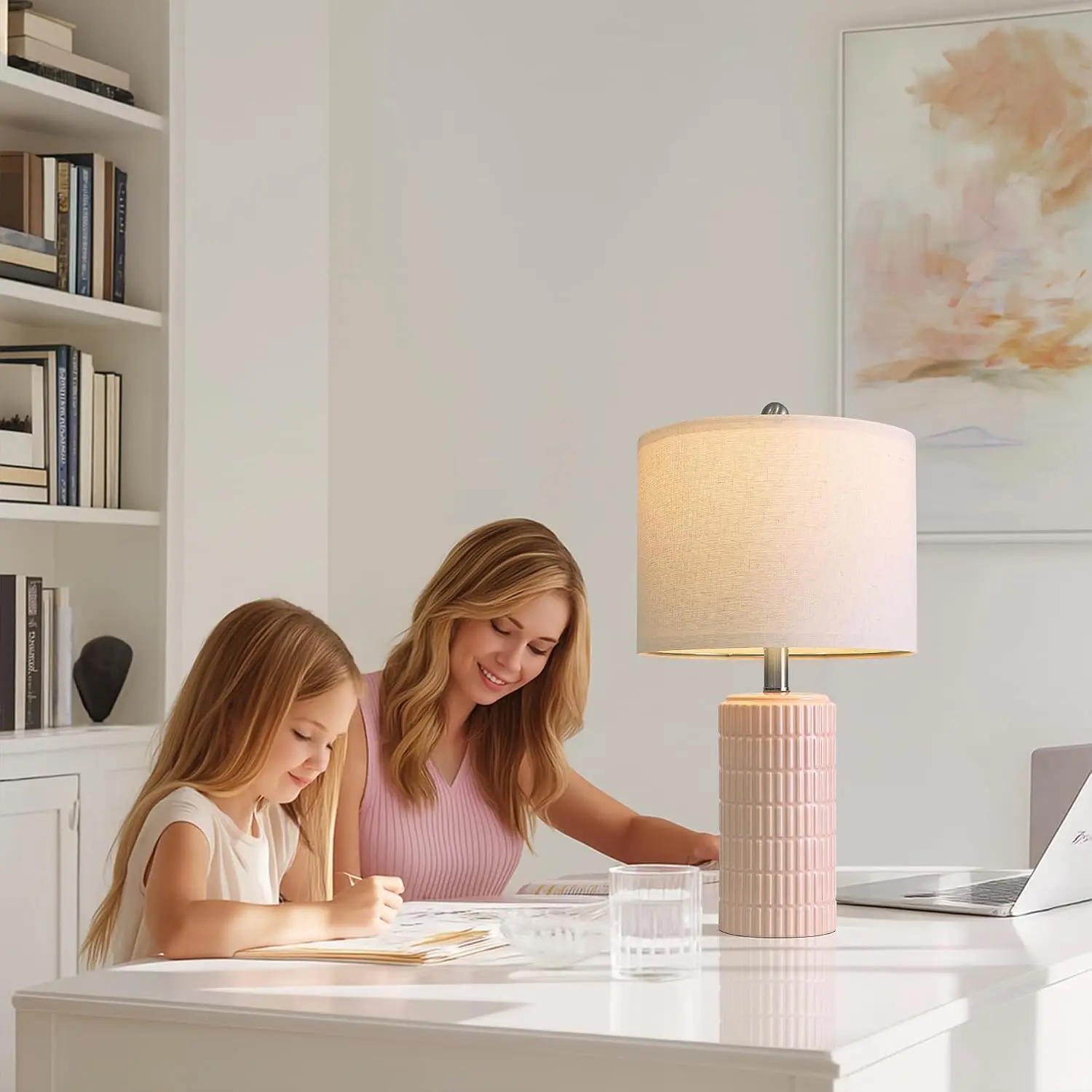 20.75" Pink Ceramic Table Lamps Set of 2, Small Modern Bedroom Lamps for Girls Room, Bedside Lamps for Night Stands view 3