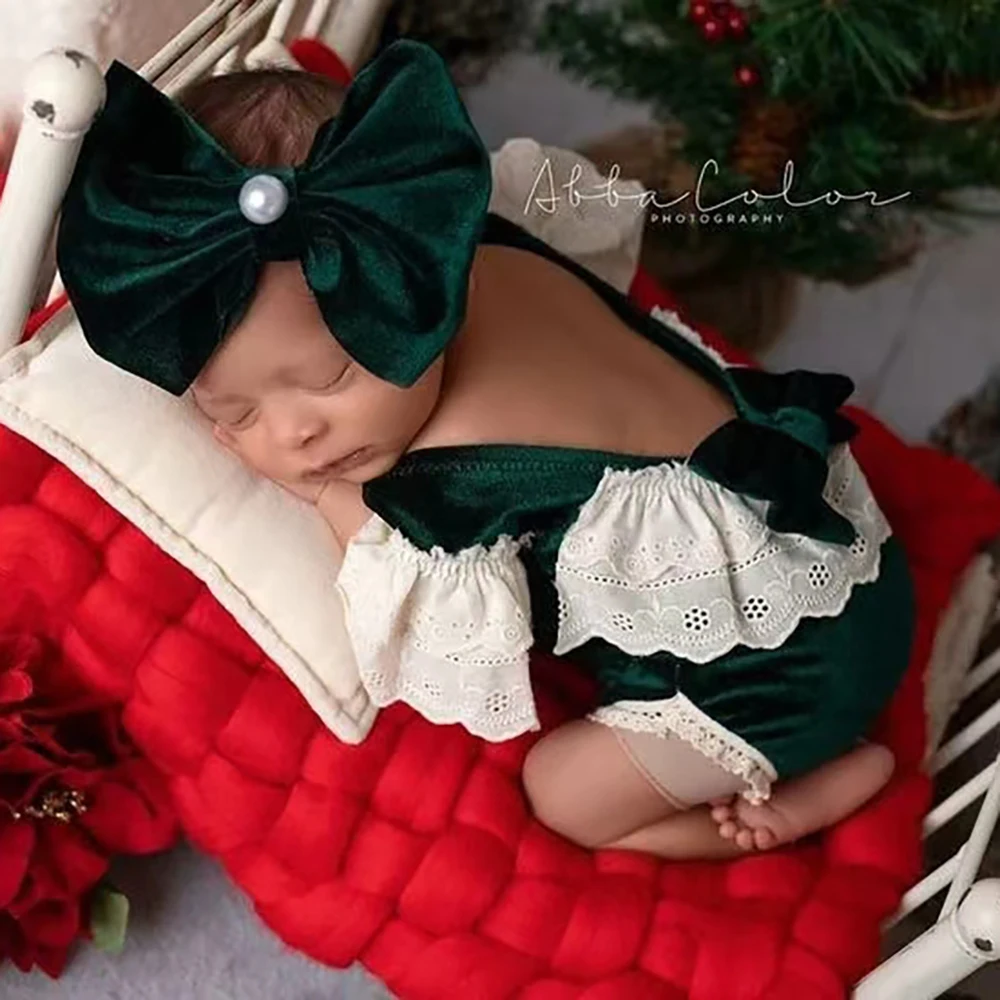Baby Girl Velvet Newborn Romper Set Christmas Photo Prop Infant Photography Outfit Newborn Photo Shoot Clothes