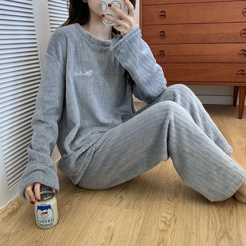 Warm Sleepwear, Women's Winter Home Clothes, Warm Pants, Loose Coral Fleece, Fashionable Casual Set