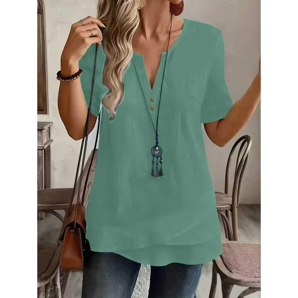 Women Solid Cotton Linen Blouse Summer New Short Sleeve Button Front Loose Lightweight Casual Soft Breathable Flattering Comfy