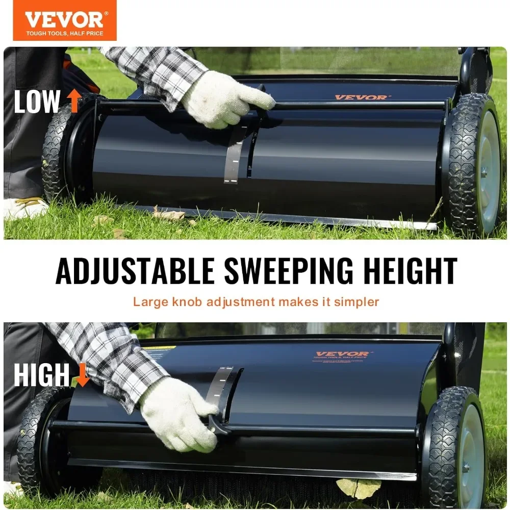 Empurre Lawn Sweeper, coletor de folhas e grama, rodas de borracha forte, Heavy Duty, aço espessado, durável, 26"