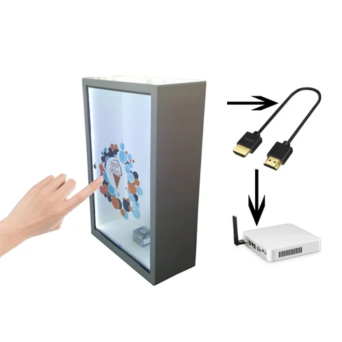 

43-дюймовый прозрачный шкаф-витрина, шкаф-витрина с 3D-сенсорным дисплеем, голографический прозрачный ЖК-дисплей-витрина