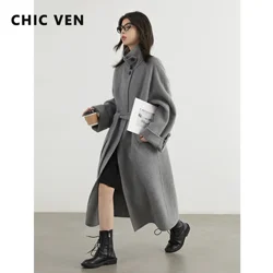 CHIC VEN Fashion Women Long Woolen Coat Solid Loose Casual Single Breasted Double-sided Ladies Overcoat Belt Autumn Winter 2024