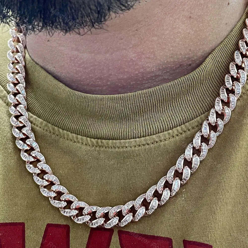 Hip Hop Tennis Chain Necklace Mens Iced Out Baguette Vvs Diamond Cuban Chain 12mm Sterling Silver Cuban Miami Square Link Chain