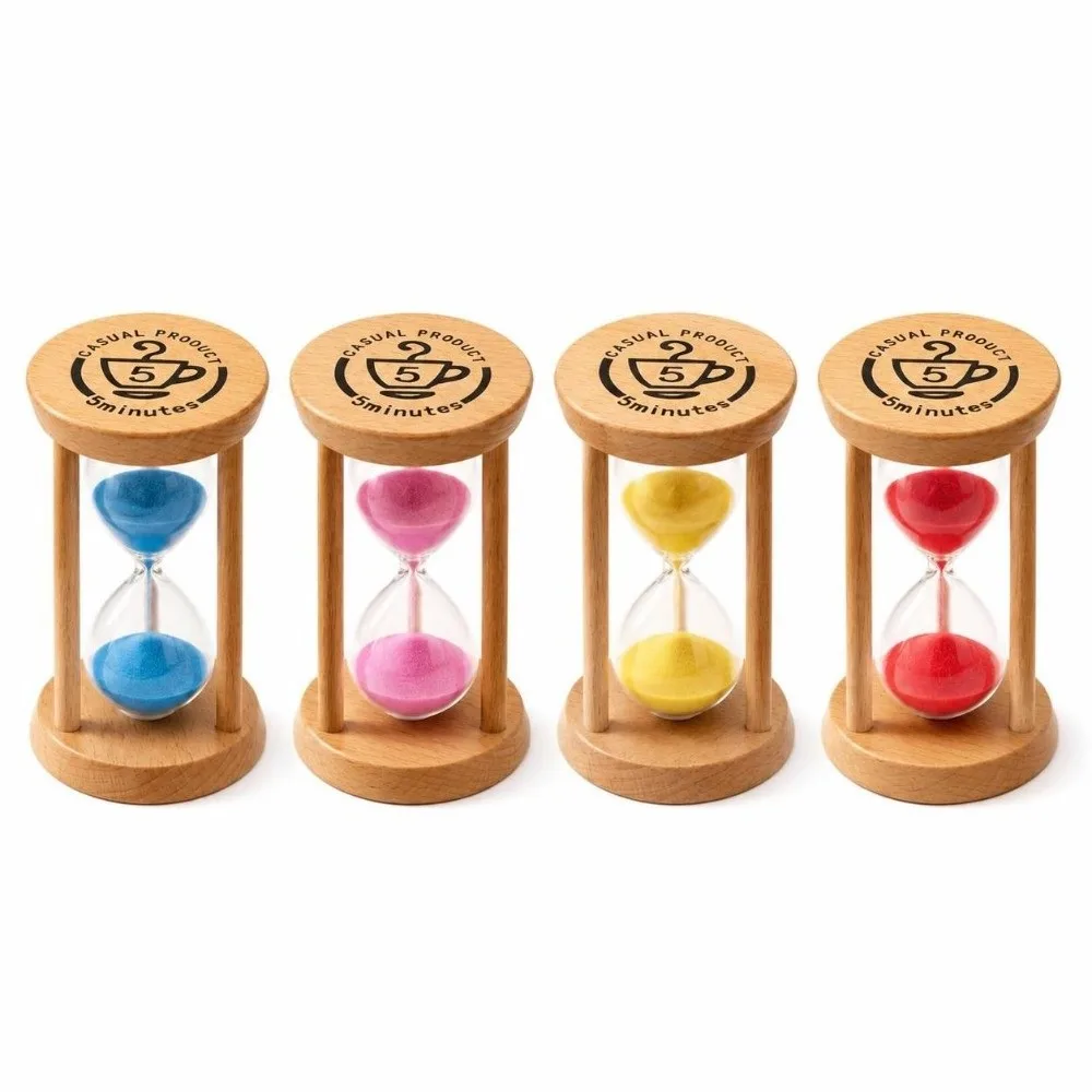 New Portable Wooden Hourglass Timer 5 Minutes Stable Base Mini Sandglass Timer 4 Colors Sand Clock Timer Kitchen Timer