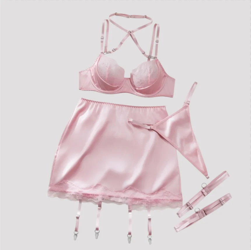 Lingerie Sets Woman Luxury Hot Halter Neck Bra Women's Sexy Straps Hollow Out Lingerie 4 Piece Set Female Exotic Apparel Sets