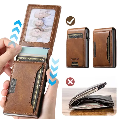 Carteira masculina de couro PU SUTENI com compartimento para cartões, capa flip, caixa para cartões com botão que ejeta automaticamente o cartão.