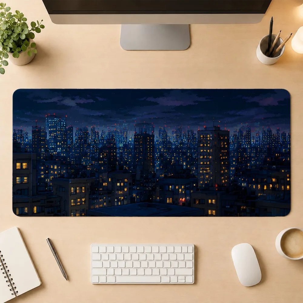 Night market skyline with night lights, anti-slip base layer, computer desk, computer desk accessories, computer accessories