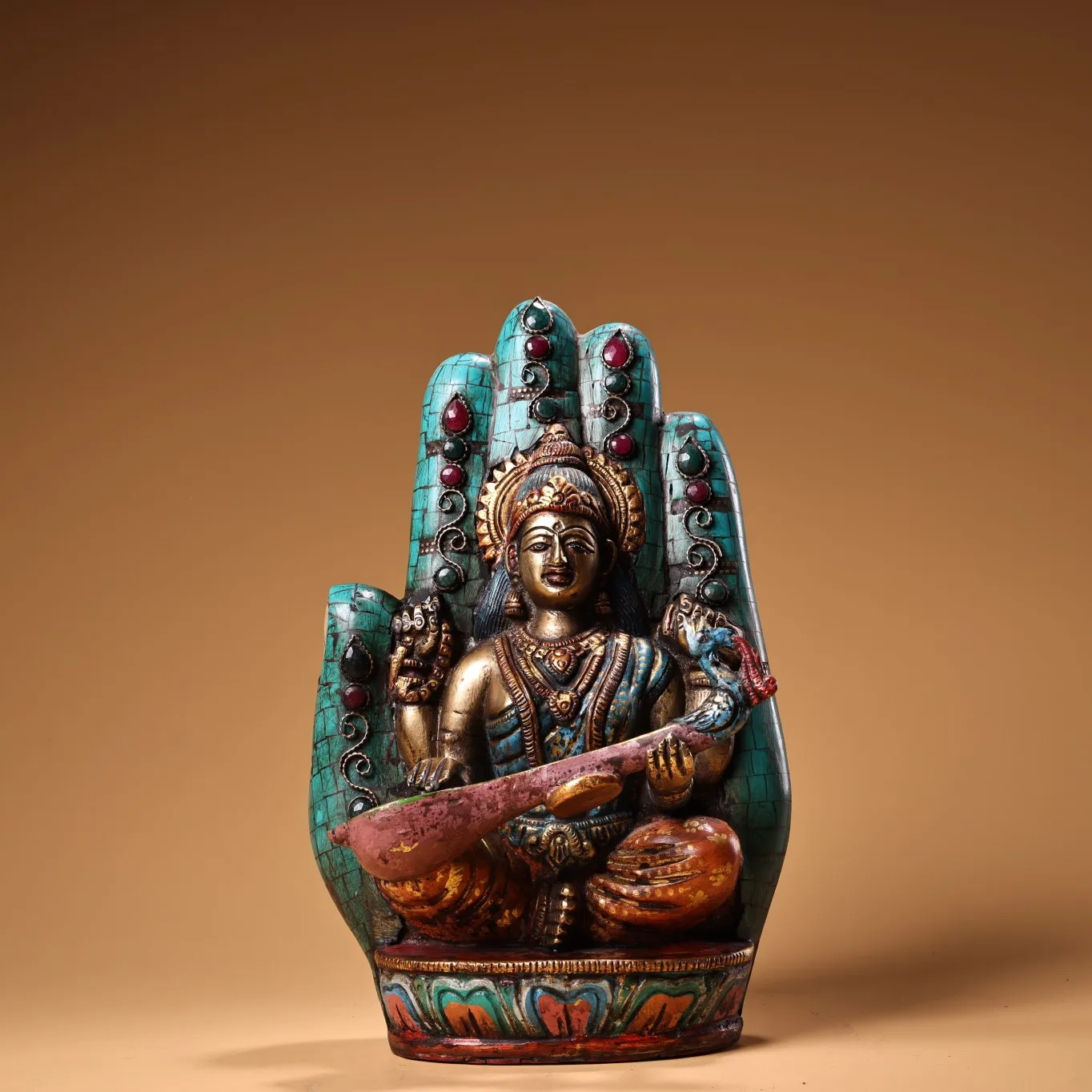 

9"Tibetan Temple Collection Old Bronze Outline in gold Mosaic Gem Turquoise Bergamot Sarasvati Sitting Buddha Worship Hall