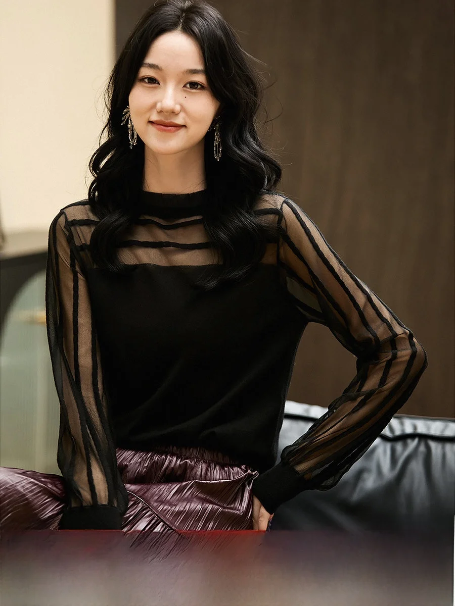 

Translucent Knitted Sweater Women's f High Collar Wool Blend Euro Organza Fiber Long Sve round Ne Regular Length