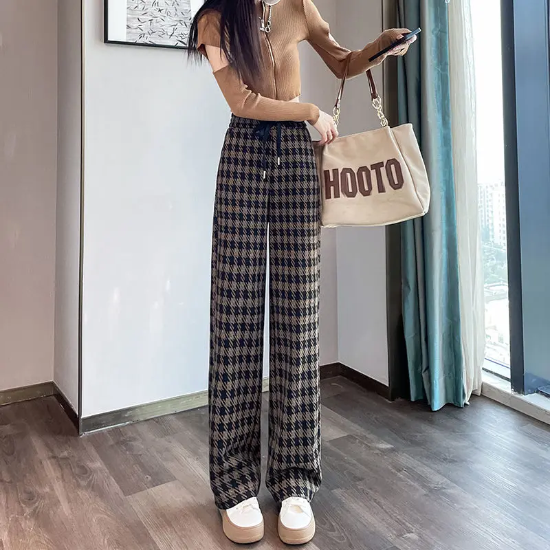 

Plaid Elastic Waist Lace-Up Woolen Wide Leg Pants 2023 Autumn Winter Fashion Women Pants Casual Loose Plush Warm Straight Pants