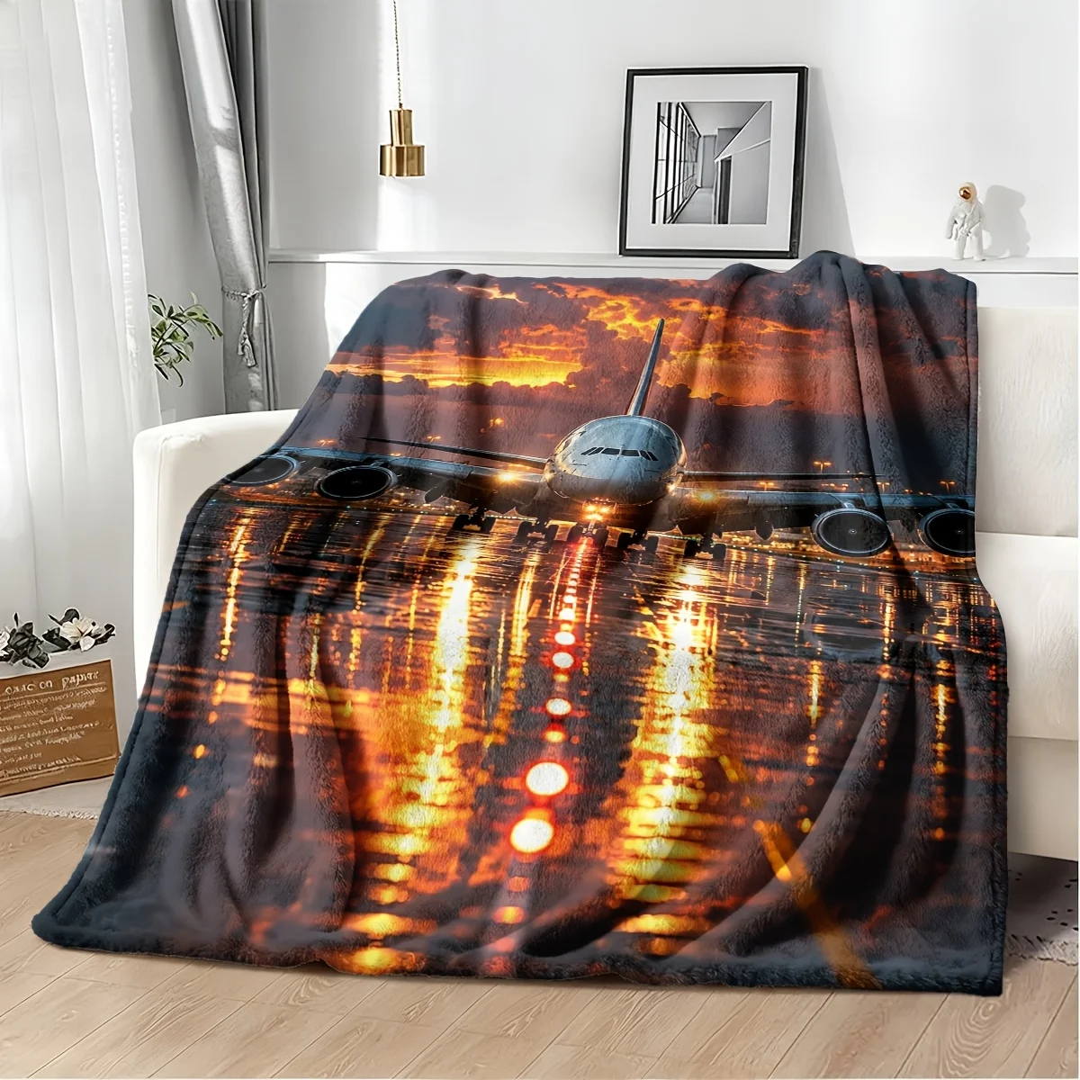 Large Airplane Sunset Print Fleece Blanket Throw Decor for Living Room Aviation Pilot Gift Cozy Bedroom Comfort