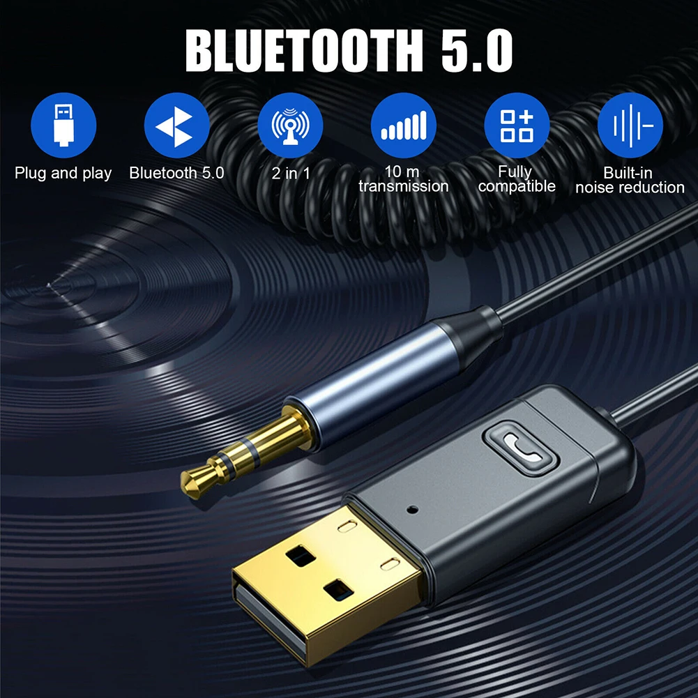 2-in-1 C11 Car Bluetooth-compatible 5.0 Transmitter Receiver USB+3.5MM Car Audio Aux Hands-free Call Audio Adapter For PC TV Car