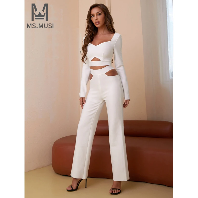 

MSMUSI 2024 New Fashion Women Sexy Solid Hollow Out Slim Bandage Two Piece Set Bodycon Party Long Sleeve Top Long Pant Set Suit