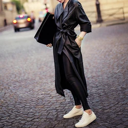Women's Leather Jacket Spring Autumn Stylish Litchi Grain Large Lapel Belt Slim Long Cow Leather Trench Coat Giacca Pelle Donna