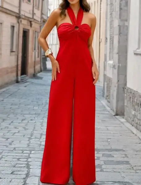 Jumpsuit Women 2025 Summer New Sexy Slim-Fitting Halter Backless High Waist Sleeveless Lace Up Casual Daily Wide Leg Jumpsuit