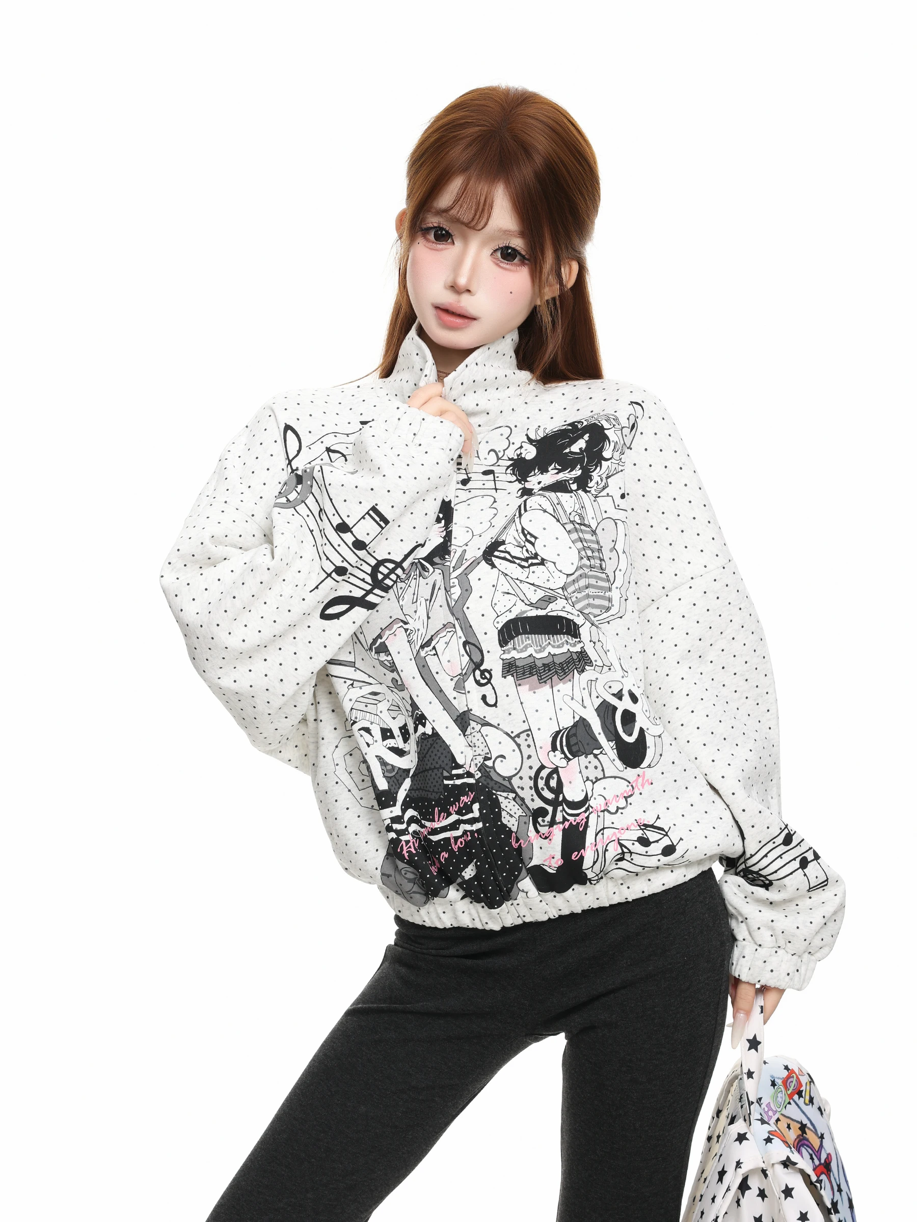 BASTERDS Polka Dot Print Stand Collar Sweatshirt Women's Loose Fit Autumn Outerwear Cardigan Casual Comfortable Cotton Blend