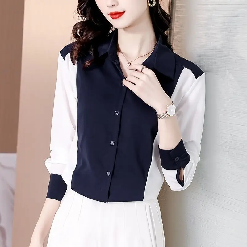 Contrast Patchwork Office Blouse Spring New Polo Neck Long Sleeve Chiffon Loose Casual Shirt Tops Elegant Fashion Women Clothing