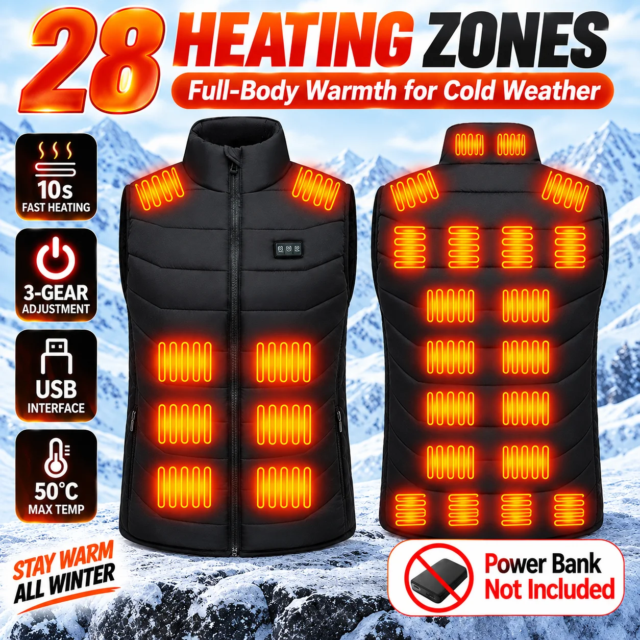 Men's 28-Zone Heated Vest 4-Area Control 3 Heat Levels USB Electric Thermal Jacket Fast Heating Winter Outdoor Warm Vest