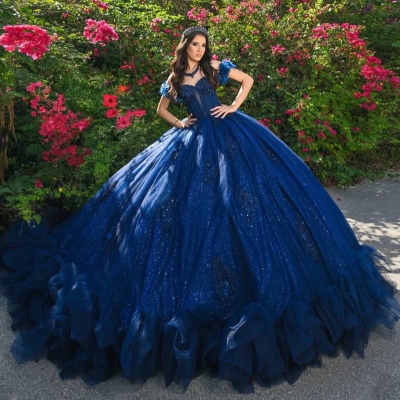 

Royal Blue Quinceanera Dresses Ball Gown Off The Shoulder Applique Lace Beading Crystal Tiered Tull Sweet 16 Dress Vestidos 15