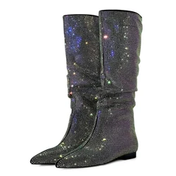 Silver Flat Bottomed Fashion Pleated Boots Big Size 36-47 Stone Grain Knee High Boots Pointed Denim Low Heels Sexy Women Shoes