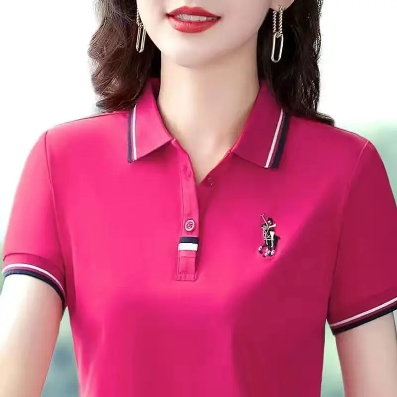 Camiseta de manga curta feminina 2024 nova meia-idade lapela camiseta solta feminina bordado contraste polo camisa