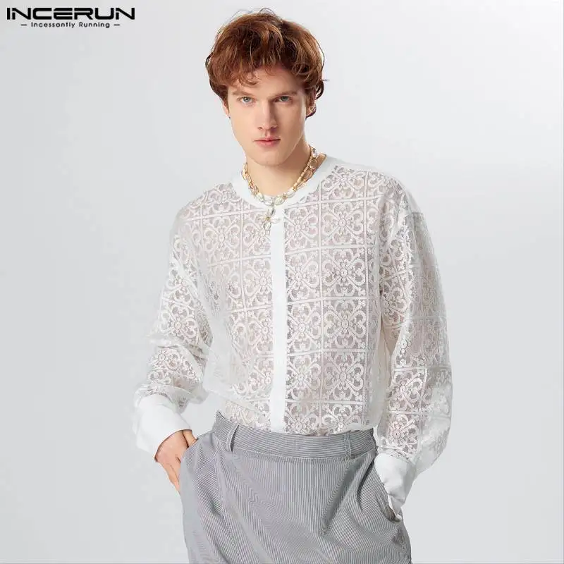 INCERUN-camisa de encaje transparente para hombre, ropa de manga larga con cuello levantado, suelta, Sexy, informal, a la moda, S-5XL, 2024