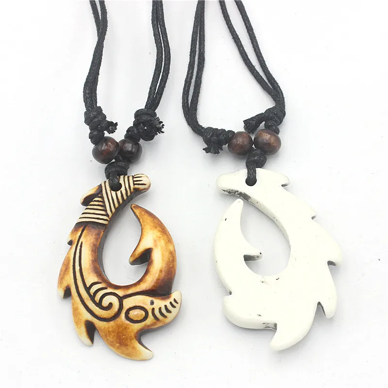 Maori Fish Hook Necklace - Resin Carved Tribal Pendant, 2 Colors Unisex Hawaiian Surfer Jewelry
