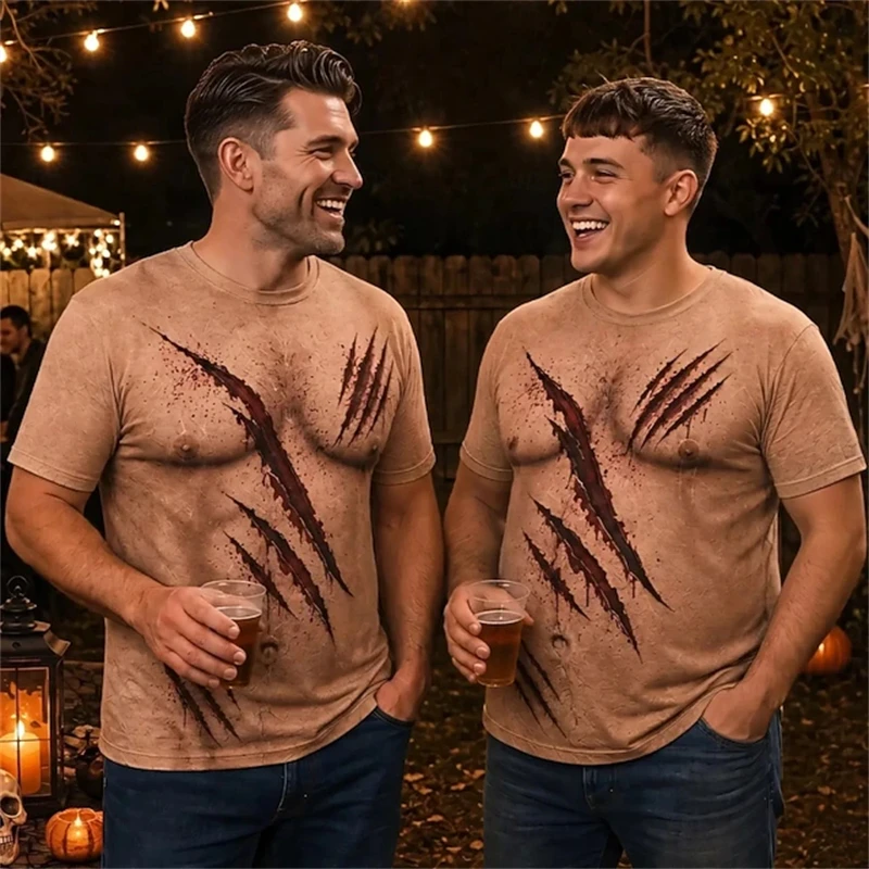 Men's Halloween Short-Sleeve T-Shirt Funny Fake Muscle T-Shirt Fashionable Casual Sports T-Shirt Streetwear 3D Muscle Top