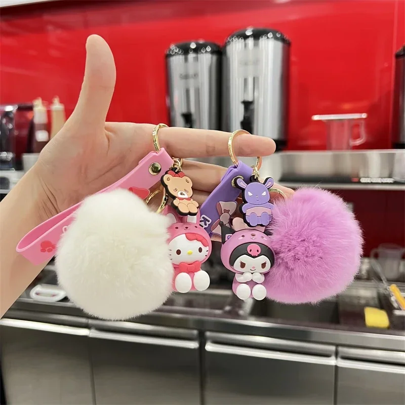 Sanrio Hello Kitty Keychain Kawaii Cartoon Kuromi Cinnamoroll My Melody Plush Key Ring Pendant Schoolbag Decoration Jewelry Gift