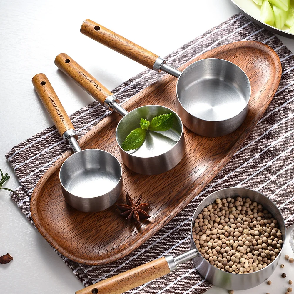 8Pcs Measuring Cup Spoon Sets Stainless Steel Wooden Handle Coffee Flour Scoop Bartending Scale Kitchen Cooking Gadget Sets