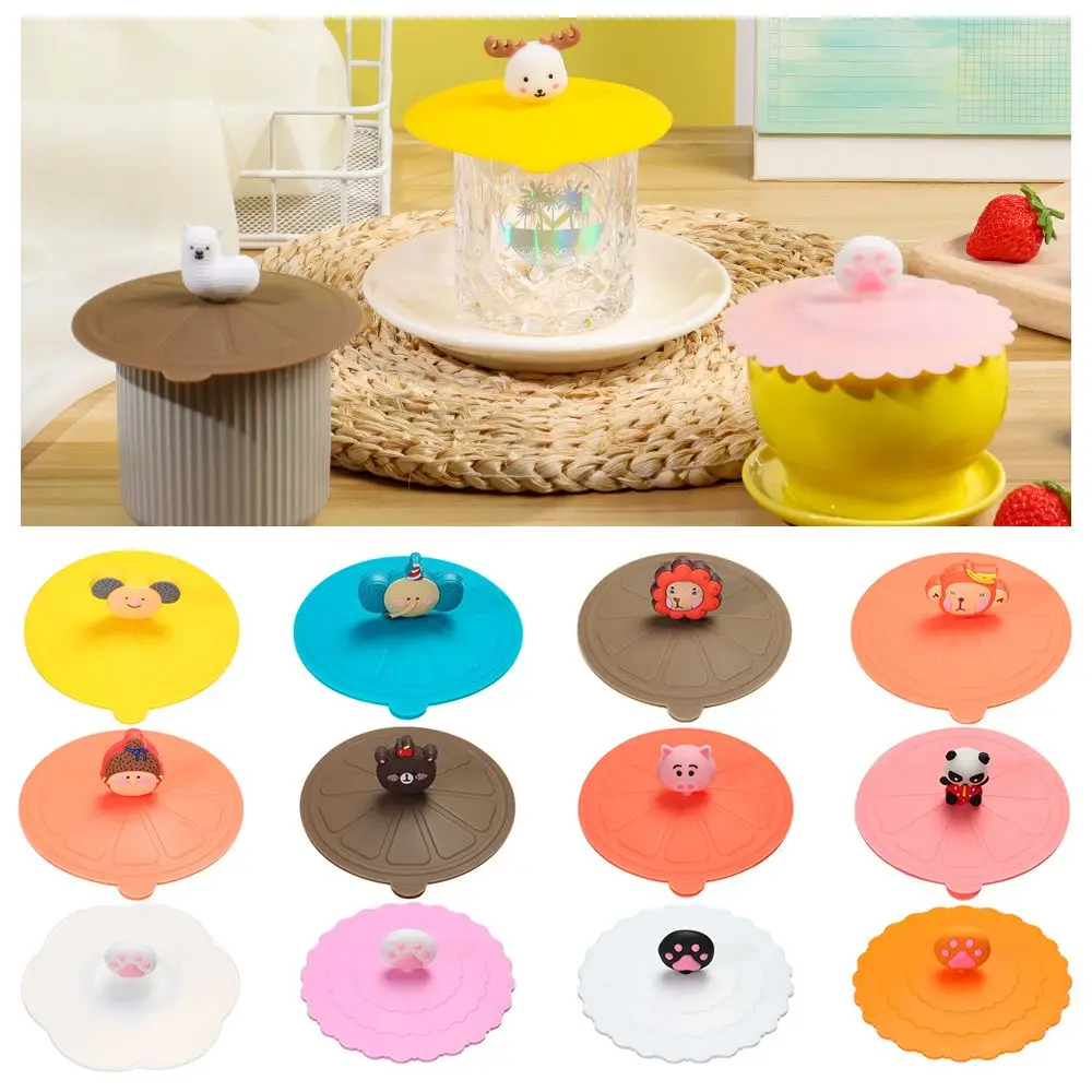 Cute Tea Coffee Lids Cap Reusable Dustproof Leakproof Silicone Cup Cover Suction Cup Cover