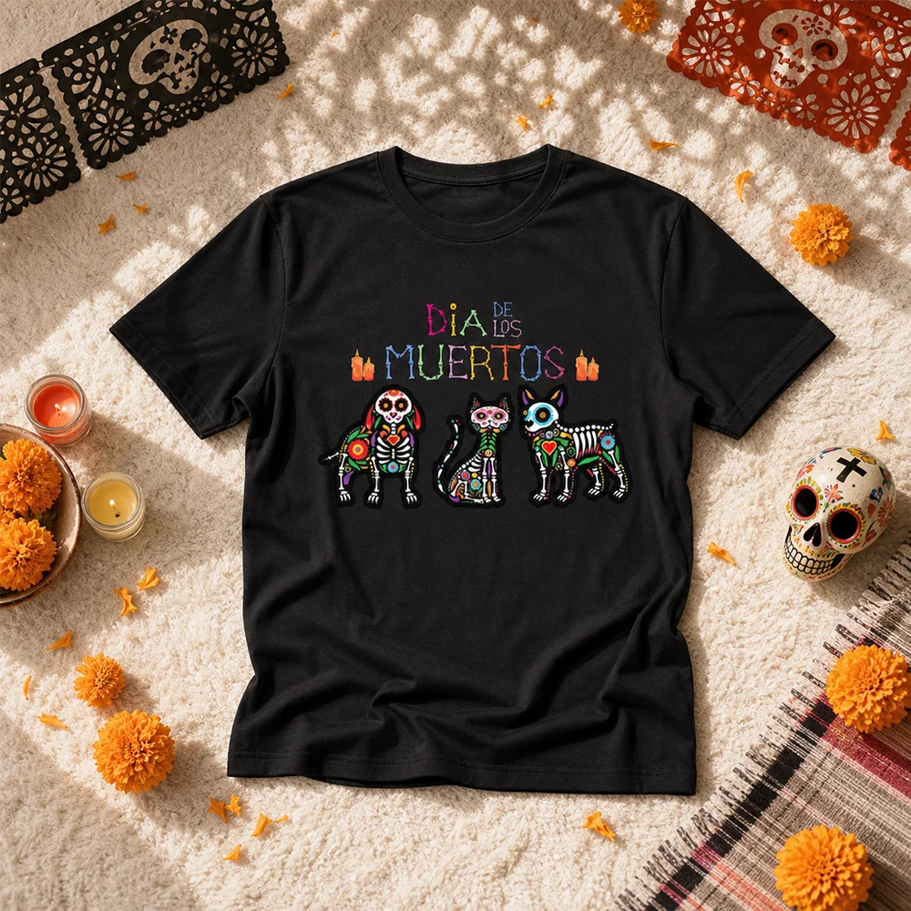 Unisex Breathable Animal Skeleton Graphic Tee Short Sleeve Parent-Child Mexican Day of the Dead Cartoon Summer O-Neck Outfit Tee