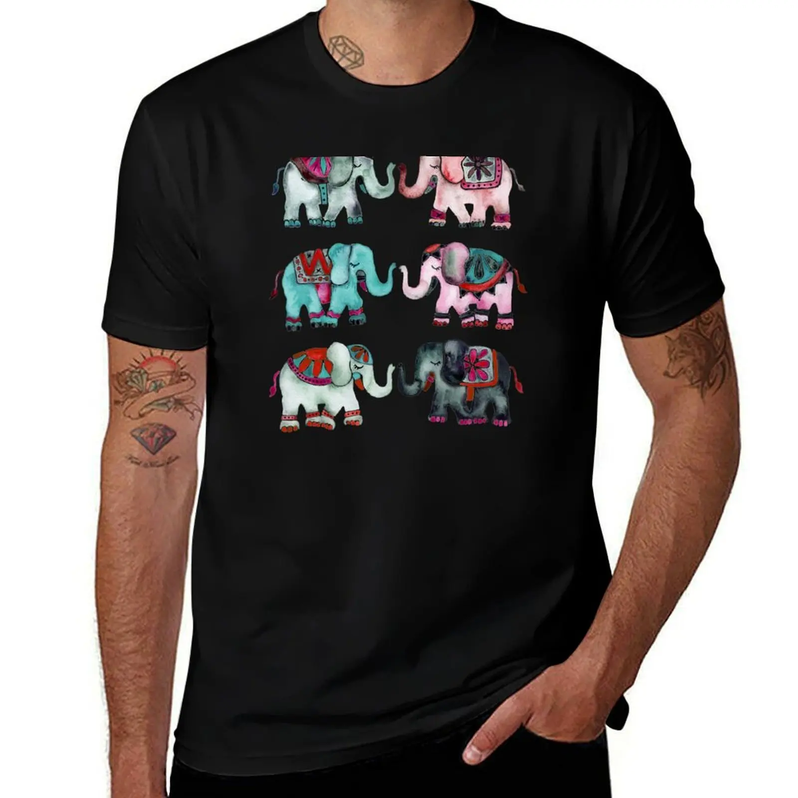 Elephant Collection – Turquoise & Coral Palette T-Shirt Plus Size Simple Casual Top