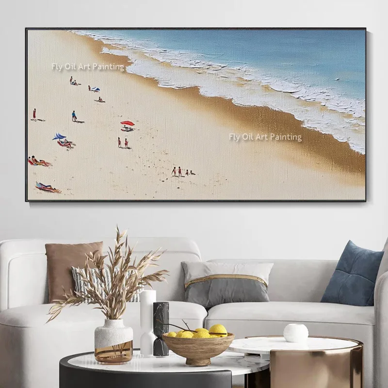 Blue Green Seawaves And Brown Beach Canvas Artwork Hand Painted Beige Seascape People Play By The Sea Oil Painting For Decor