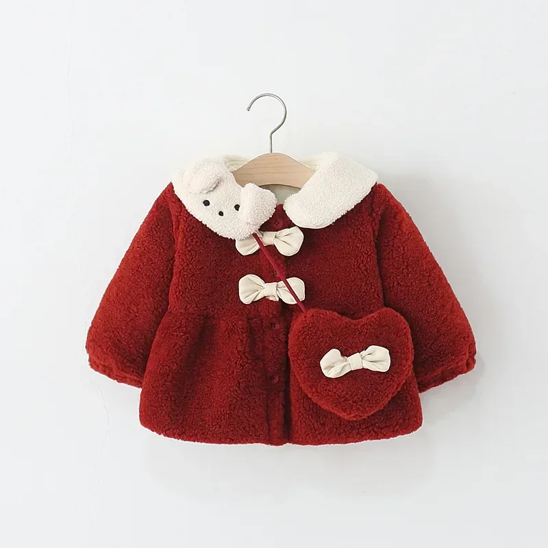 

2025 New 1-5Y Girls Clothes Princess Style Fleece Coat Cute Bear Bow With Heart Bag Winter Warm Children's Outerwear