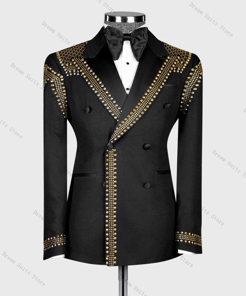 الرجال البدلة مجموعة 2 قطعة السترة + بانت بنطلون فاخر الذهبي بلورات مخصصة مكتب رسمي سترة الزفاف البدلات الرسمية معطف القطن