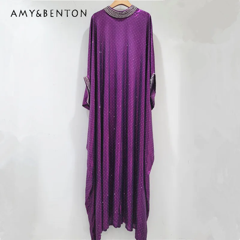 

Shimmering Rhinestone Stand-up Collar Loose-fitting Long-sleeves Dress 2026 Spring Summer New Rose Red Slim-fit Dresses Ladies