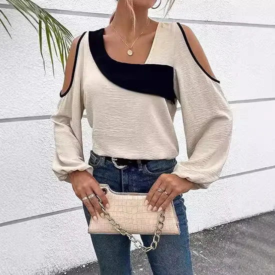 Autumn Winter Patchwork Color Long Sleeve Women's T-shirt  Fashion Off-shoulder Round Neck Casual Pullover Tops T-shirt Women's