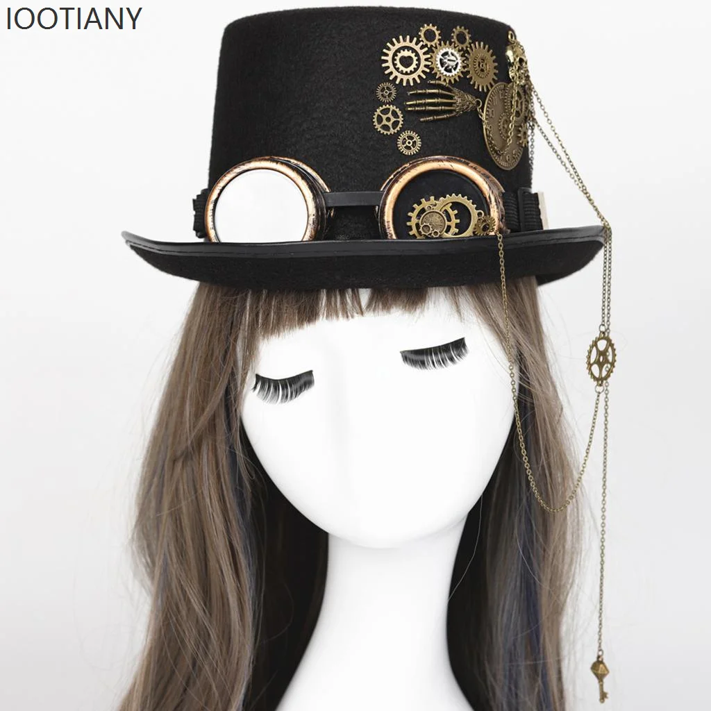 Steampunk Hat With Goggles Vintage Men Black Top Hat Gothic Halloween Women Fedora Chains Elegant Hat Head Wear Costume Party